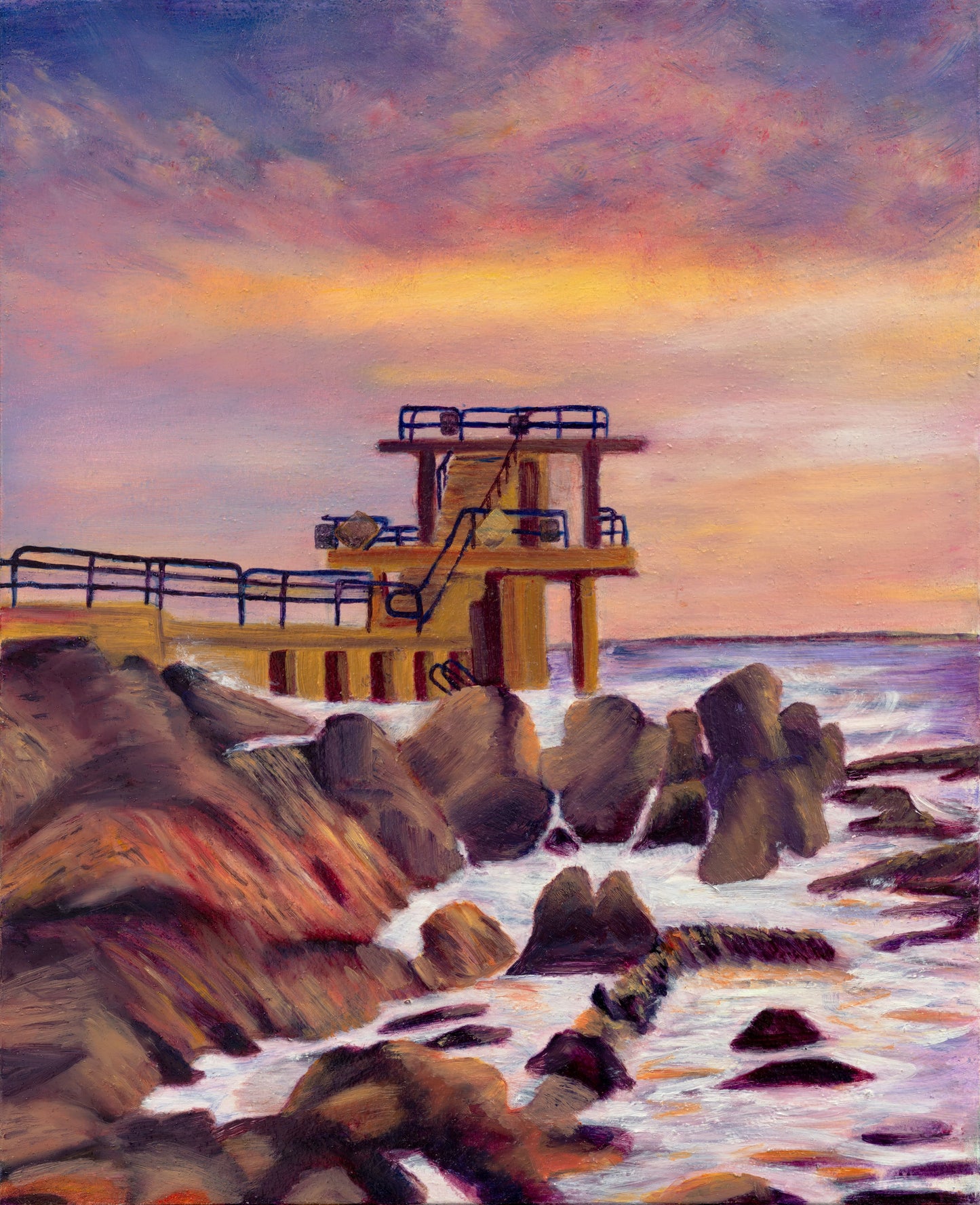 Giclée art print of Blackrock Diving Tower, Salthill, Galway, Ireland, 20×16 inches, on archival Hahnemühle paper, by Irish artist Marie McDwyer