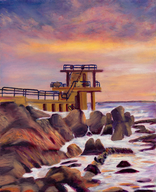 Giclée art print of Blackrock Diving Tower, Salthill, Galway, Ireland, 20×16 inches, on archival Hahnemühle paper, by Irish artist Marie McDwyer