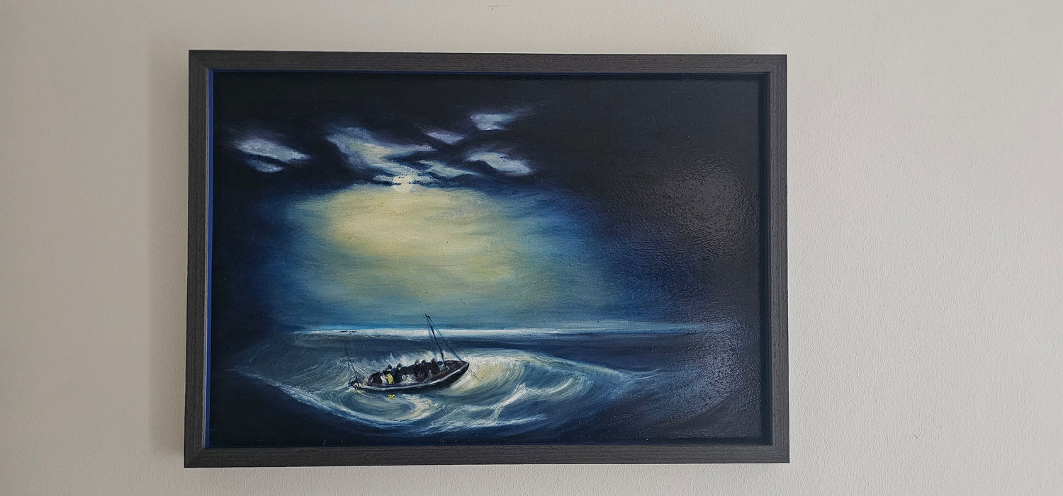 Original oil painting of fishermen at sea, dramatic Irish seascape, 25×17¼ inches, framed, by Irish artist Marie McDwyer