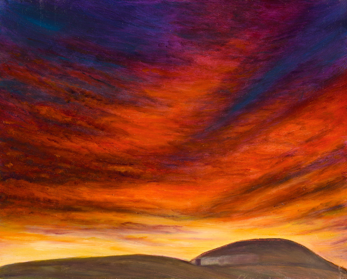 Original oil painting of Newgrange passage tomb at sunset, Co. Meath, Ireland, 16¾×13½ inches, framed, by Irish artist Marie McDwyer