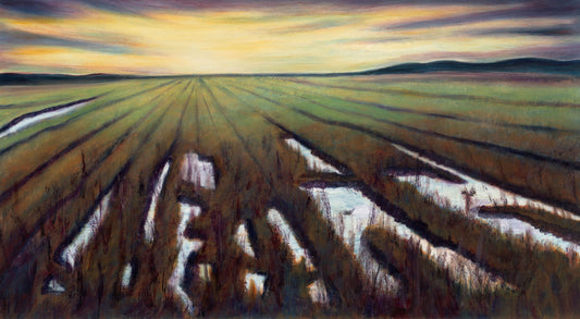 Giclée art print of Irish peat bog landscape at dawn, Darkness into Light, 30¾×17 inches, on archival Hahnemühle paper, by Irish artist Marie McDwyer