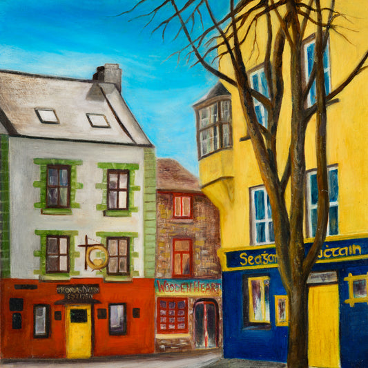 Giclée art print of Tig Neachtain pub and Thomas Dillon's Claddagh Jewellers, Latin Quarter Galway, Ireland, 15¾×15¾ inches, by Irish artist Marie McDwyer